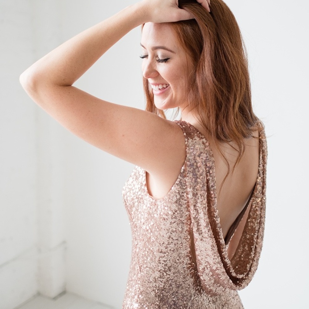 Long RoseGold Cowl Back Sequin Dress by Love Tanya